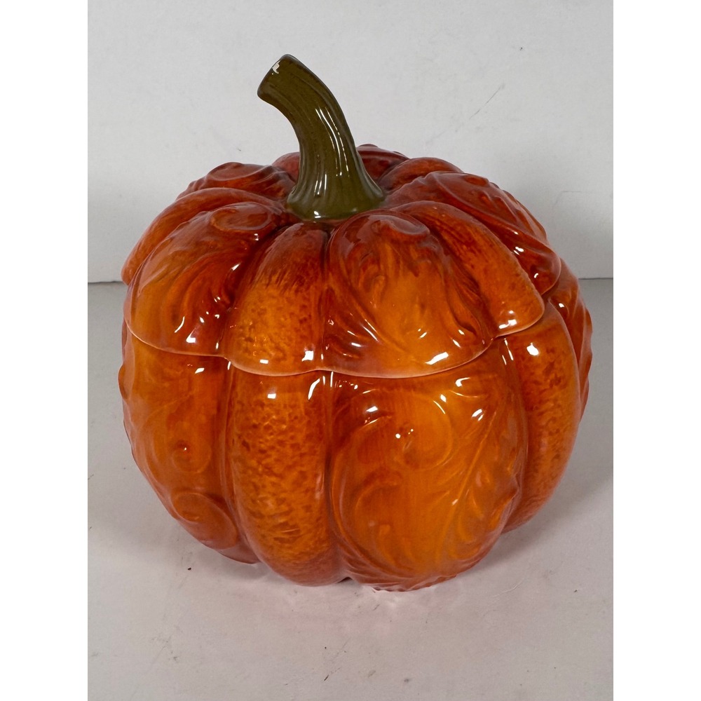 Pier 1 Imports Hand Painted Dolomite Pumpkin Lidded Jar Orange Fall Decor Whimsy